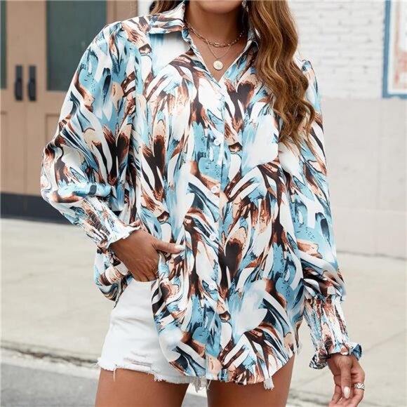 Women's Boho Blouses – Chiffon Button-Down, Long Sleeve, V-Neck - Picture 2 of 7